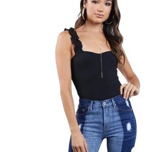 ALYA Ribbed Ruffled Straps Black Bodysuit - Size Large